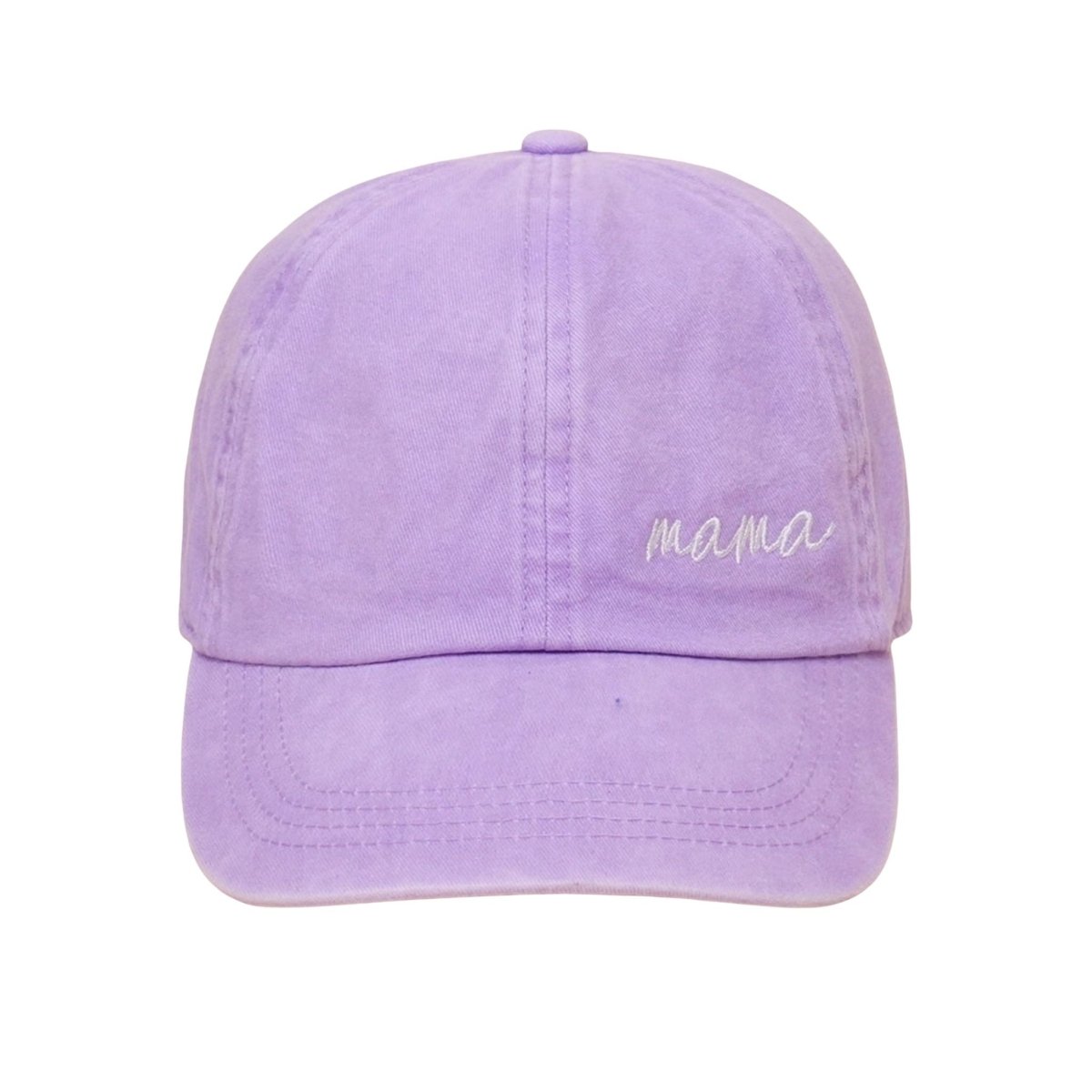 Lavender mama cursive embroidered baseball hat sitting on white background.