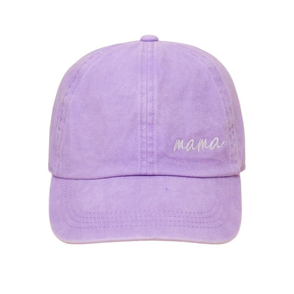 Lavender mama cursive embroidered baseball hat sitting on white background.