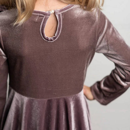 Back view of Lavender Velvet Twirl Holiday Dress. One button at neckline. Little Gift Nook.