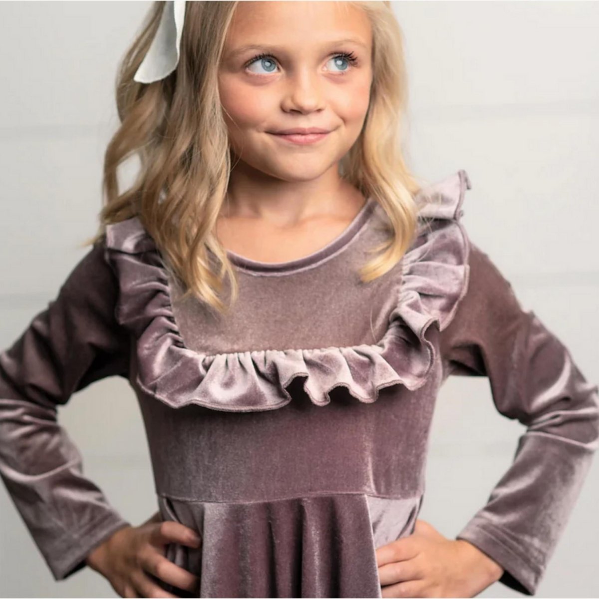 Close up of bodice of Lavender Velvet Twirl Holiday Dress. Little Gift Nook.