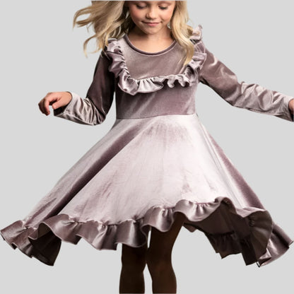 Lavender Velvet Twirl Holiday Dress. Soft velvet dress with ruffle bodice.  Stretch pull on dress. Little Gift Nook.