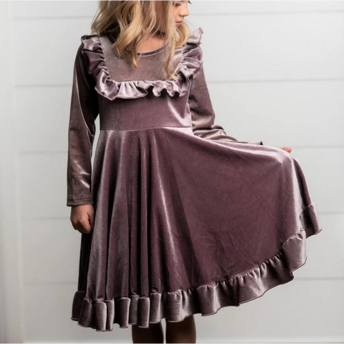 Lavender Velvet Twirl Holiday Dress. Long skirt. Little Gift Nook.