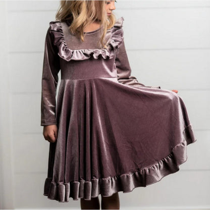 Lavender Velvet Twirl Holiday Dress. Long skirt. Little Gift Nook.
