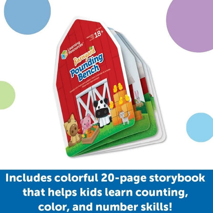 Learning Resources Barnyard Pounding Bench 20 page storybook on a white background with colorful polkadots. 