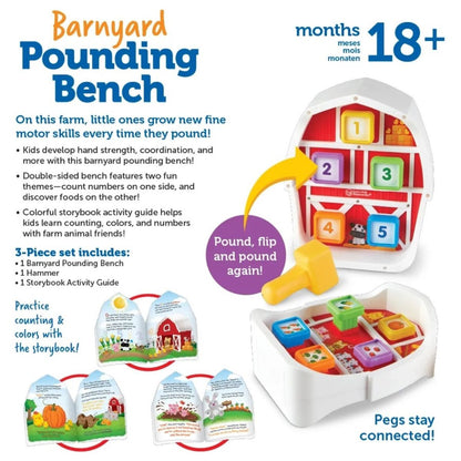 Learning Resources Barnyard Pounding Bench toy details and components. 