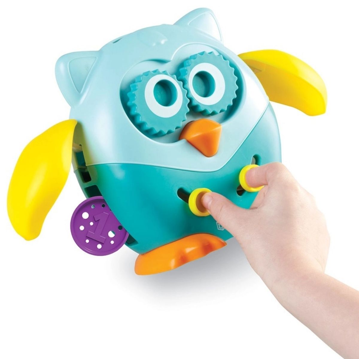 Colorful learning resources Hoot the Owl baby toy with pinching motor skills on a white background.