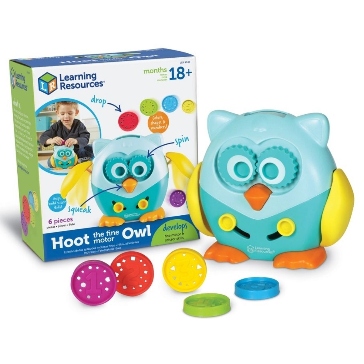 Colorful Hoot the Owl Baby Toy by Learning Resources in package with colorful discs on white background  - Little Gift Nook.