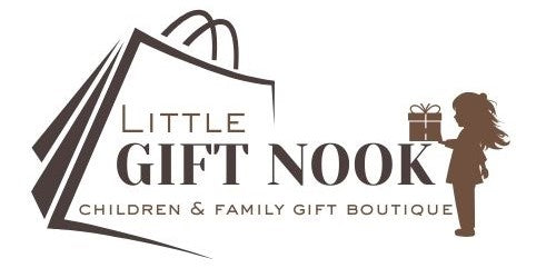 Logo of Little Gift Nook, a children and family gift boutique, with shopping bags and a silhouette of a child holding a gift box.