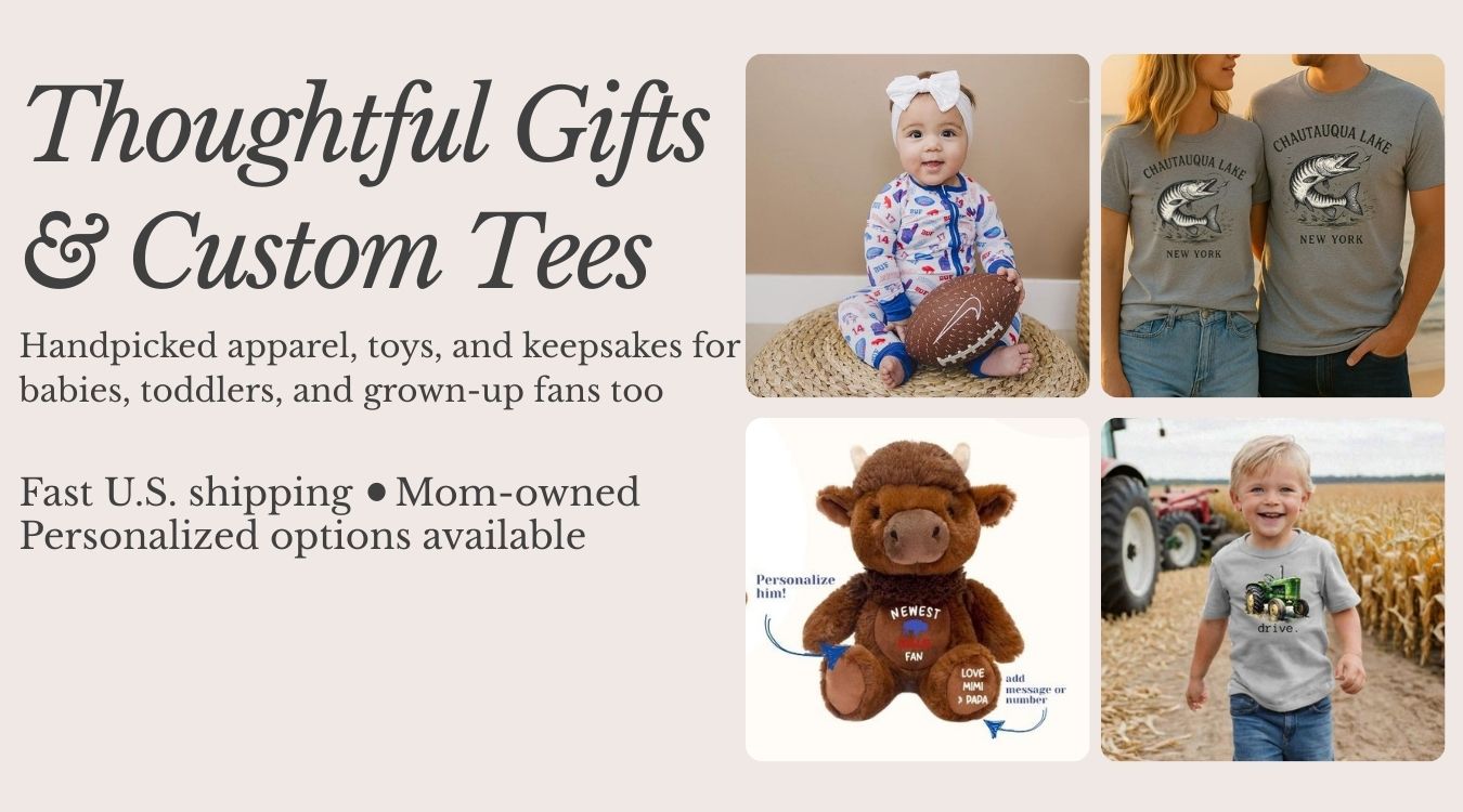Promotional banner for Little Gift Nook with images of a baby, a teddy bear, and two people wearing shirts.