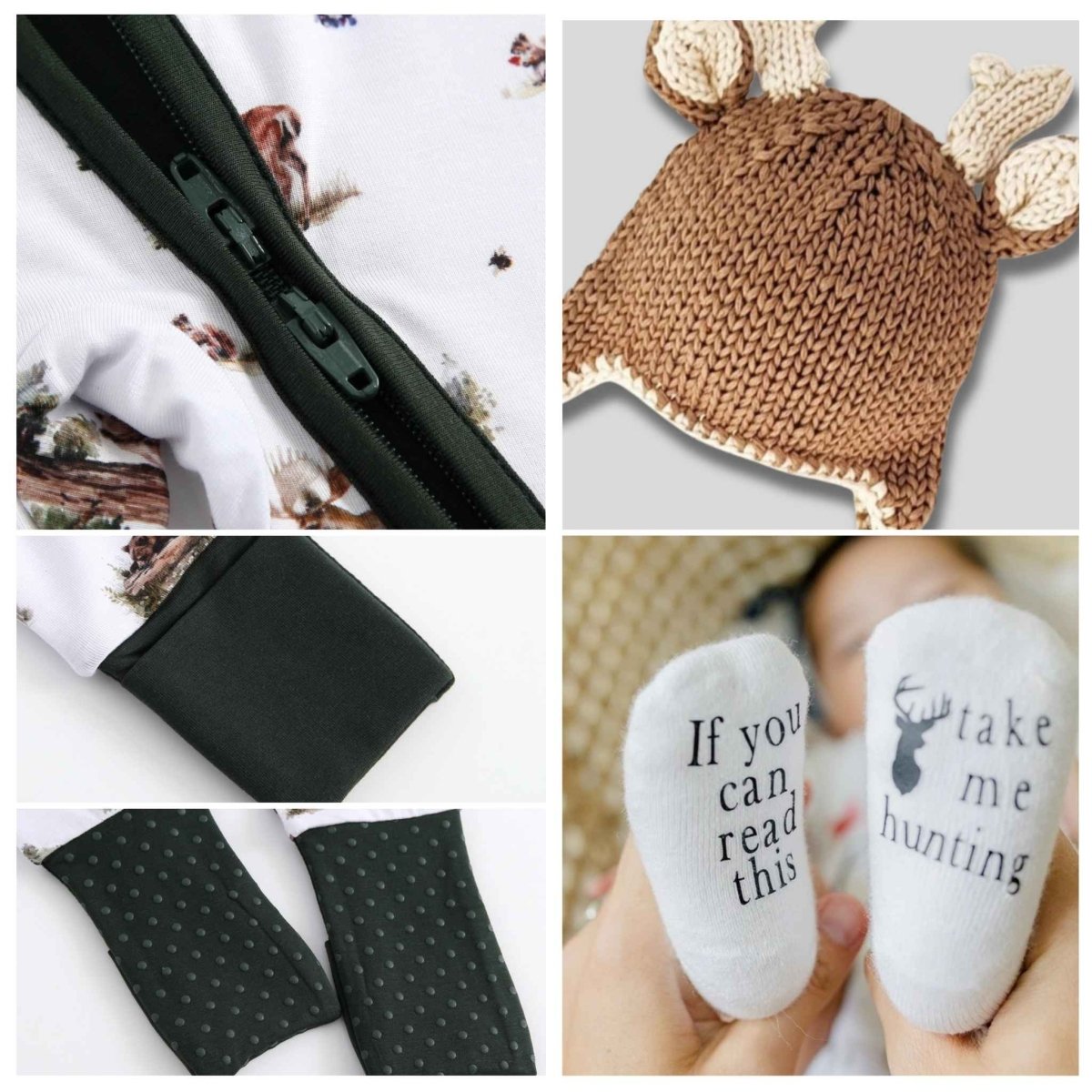 Collage of Little Hunter Baby Gift Bundle close up of sleeper, hat, and socks. Little Gift Nook