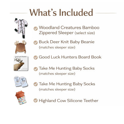 Whats included in Little Hunter Baby Gift Bundle with images of sleeper, hat, book, socks, and teether.  Little Gift Nook