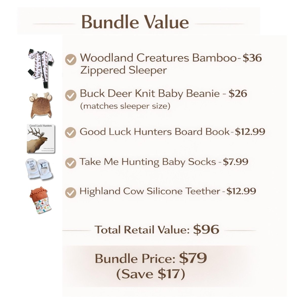 Bundle value of Little Hunter Baby Gift Set with images of gifts and prices and bundle price. Little Gift Nook