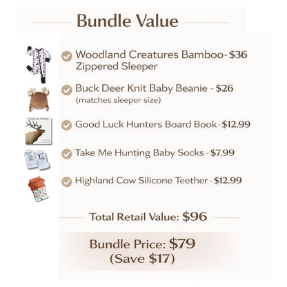 Bundle value of Little Hunter Baby Gift Set with images of gifts and prices and bundle price. Little Gift Nook