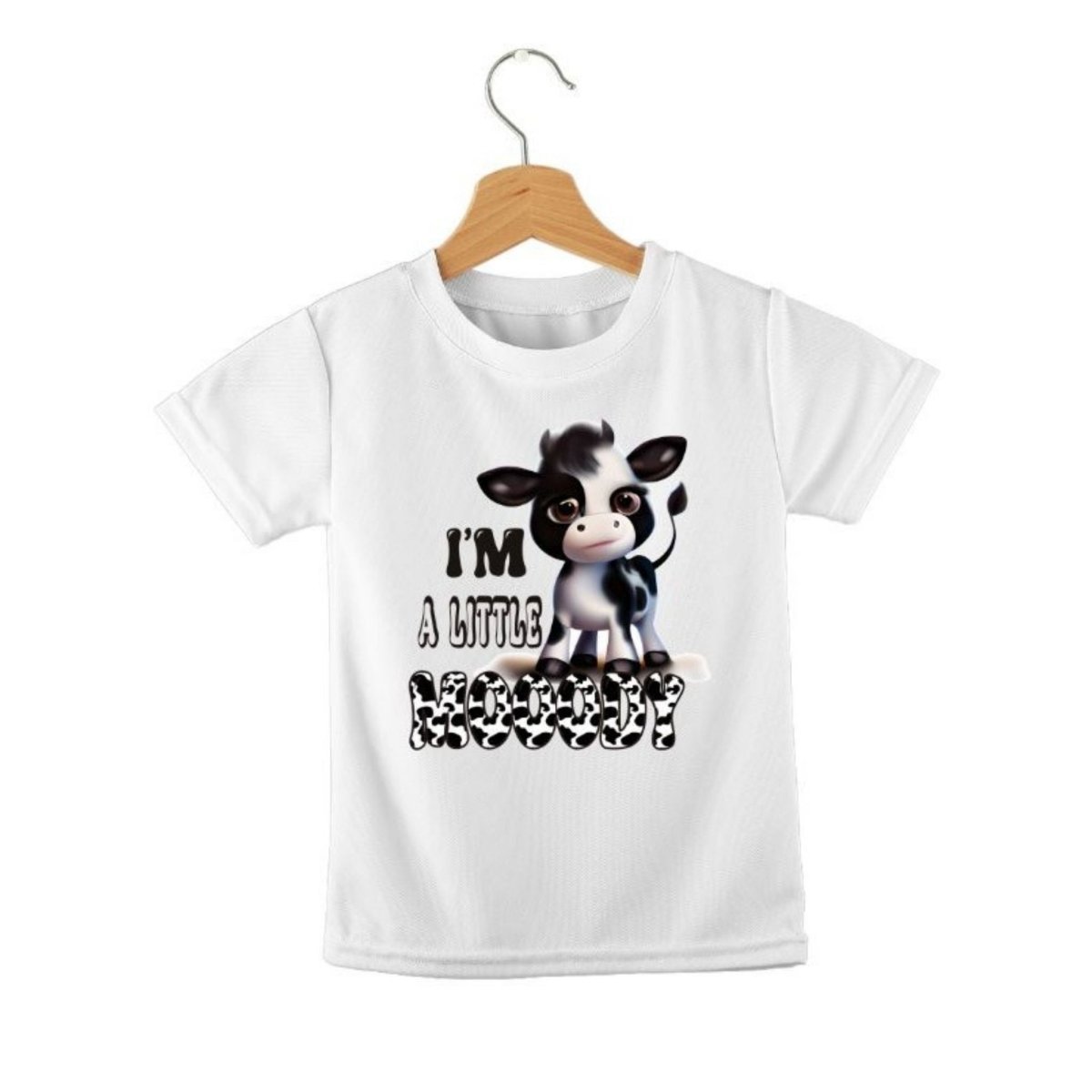 White t-shirt with a cow graphic and text "I'm a little Mooody" on a white background. Little Gift Nook