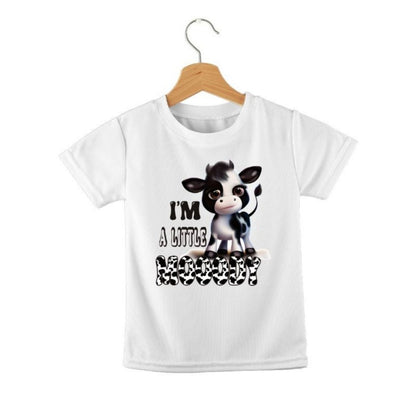 White t-shirt with a cow graphic and text "I'm a little Mooody" on a white background. Little Gift Nook