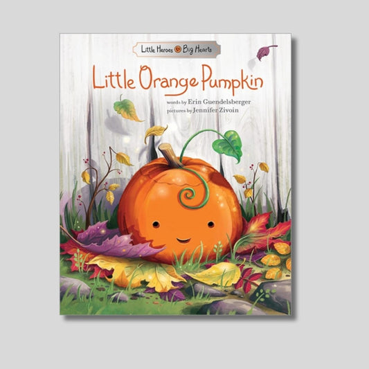 Little Orange Pumpkin hardcover storybook cover laying on light gray background.  Little Gift Nook