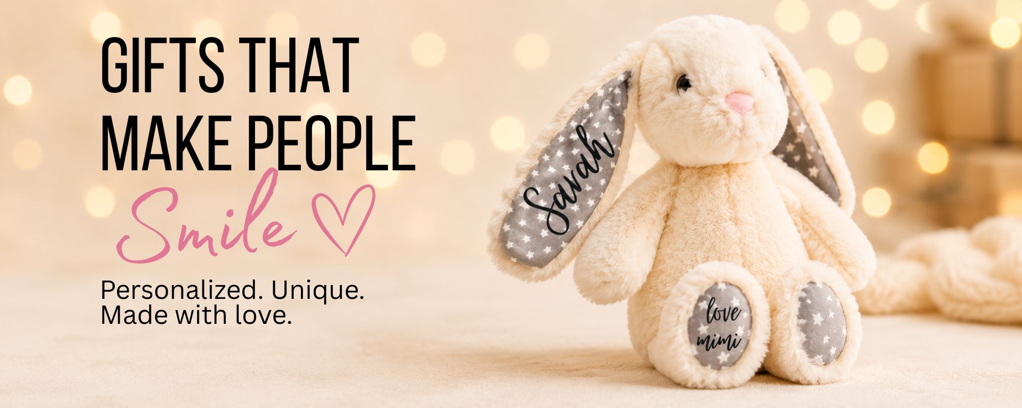 stuffed bunny with personalized name on ear and "love Mimi" on foot and text "GIFTS THAT MAKE PEOPLE SMILE" on beige lights background.