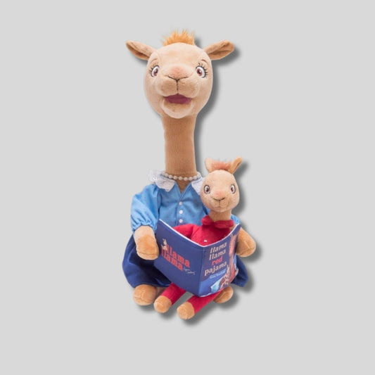 Animated Mama Llama Reading Toy 14" reads the story. Little plush book she is holding is blank inside. Head and mouth move as she reads.- Little Gift Nook