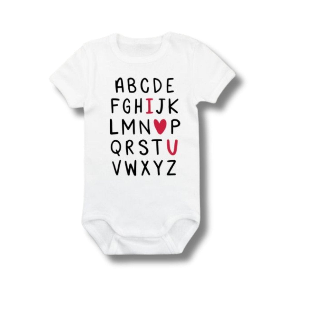 I love you baby Alphabet onesie. White onesie with black alphabet lettering and I heart U in red lettering on front.  Little Gift Nook.