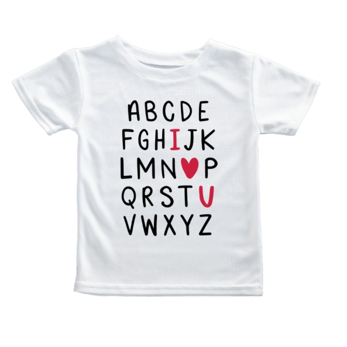 I love you kids Alphabet Tee. White short sleeve tshirt with alphabet written in black letters with I heart and u in red. Little Gift Nook.