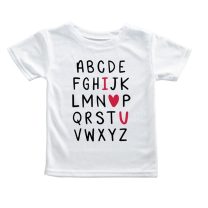 I love you kids Alphabet Tee. White short sleeve tshirt with alphabet written in black letters with I heart and u in red. Little Gift Nook.