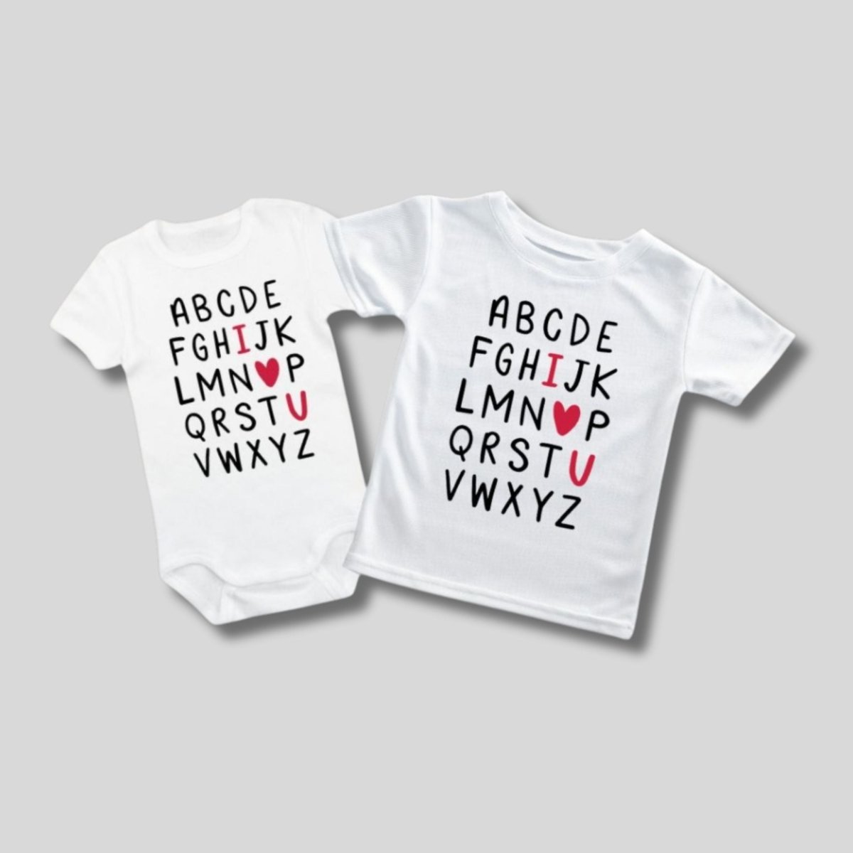 I love you Heart Alphabet Shirt. Available in white onesies and tshirts. Little Gift Nook.