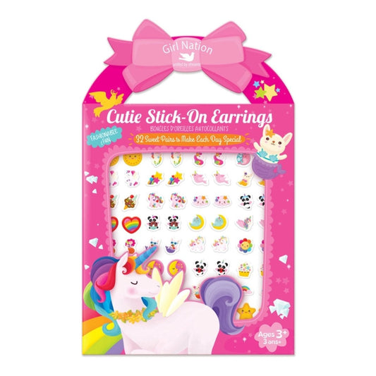 32 pair of magical fairytale unicorn stick on sticker earrings in a pink handle package. Little Gift Nook