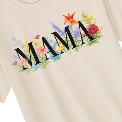 Close up of beige MAMA floral tshirt.