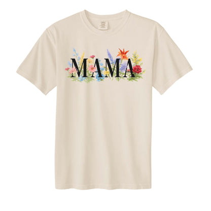 Beige MAMA colorful floral tshirt sitting on white background.