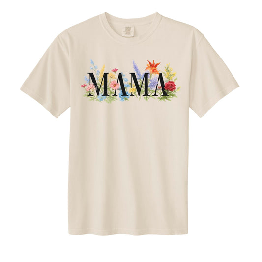Beige MAMA colorful floral tshirt sitting on white background.