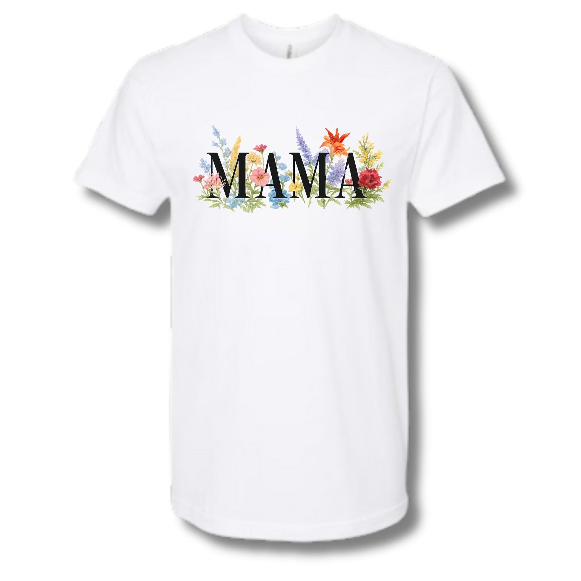 White tshirt with MAMA and floral design on front sitting on white background.