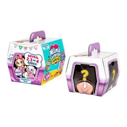 Mama Surprise! Cardboard play dog crate with mystery compartments inside that hold plastic baby toy dogs. Box sitting on white background.