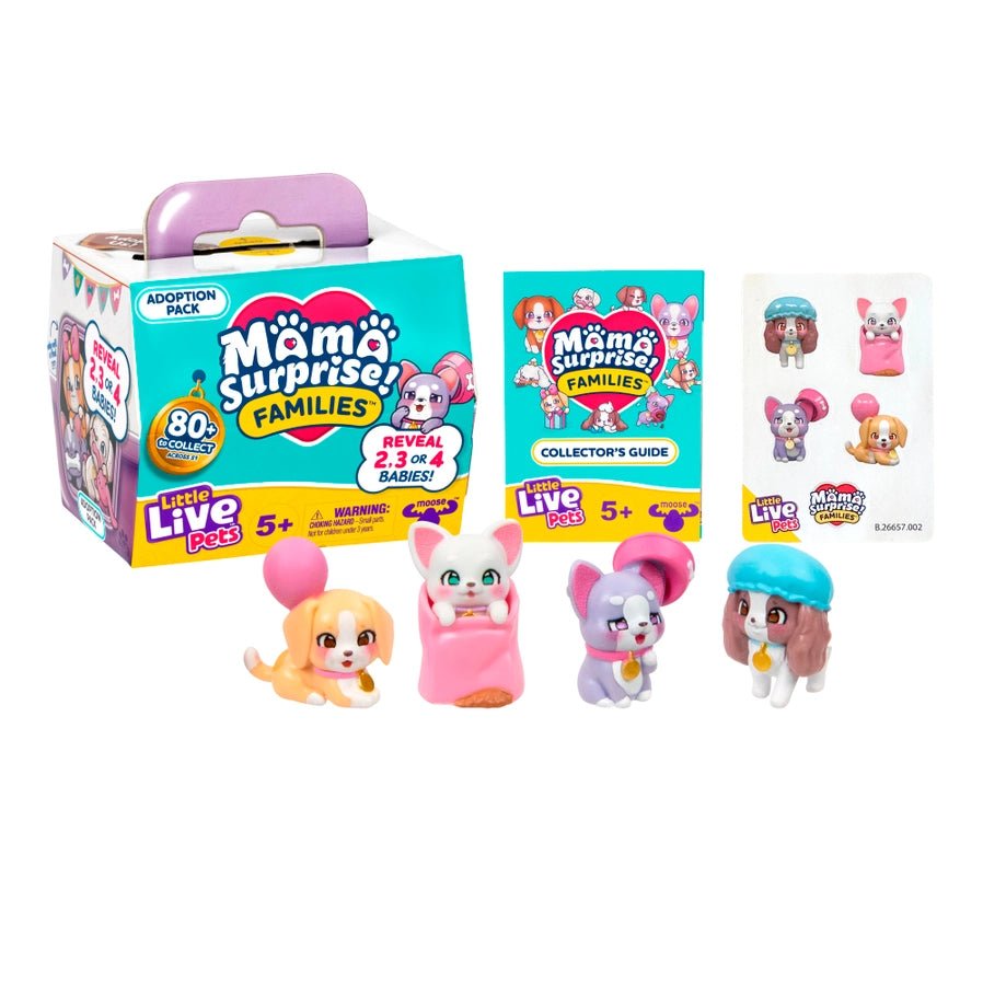 Mama Surprise! Mystery plastic puppy playset with carrier and 2-4 surprise pets and accessories on a white background. Little Gift Nook