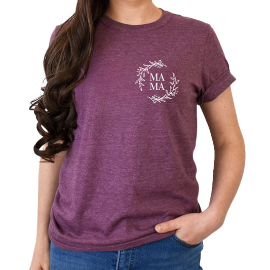 Floral Mama T-Shirt – Heather Maroon Softstyle Tee - super soft, unisex, poly cotton blend shirt with white floral mama design left chest - Little Gift Nook
