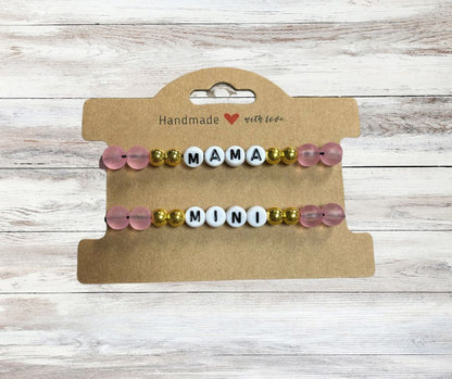 Mama and Mini Matching Beaded Bracelets - pink gold beaded matching bracelets with letter beads one bracelet spells MAMA other spells Mini - Little Gift Nook