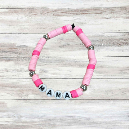 Mama Pink Beaded Bracelet - pink and silver beaded bracelet with MAMA letter beads - on white wash wood background - Little Gift Nook