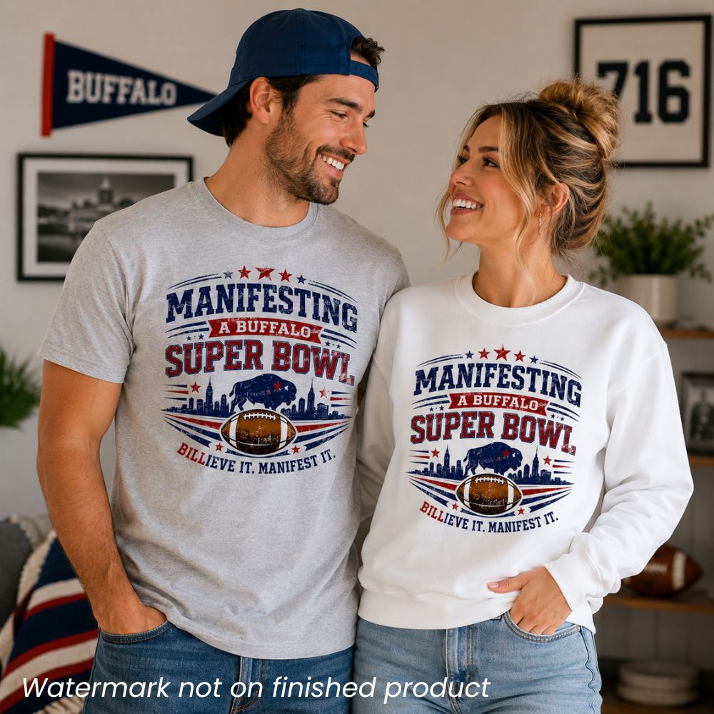 Man and woman wearing "Manifesting a Buffalo Super Bowl" tshirt and sweatshirt in a living room with football decor.