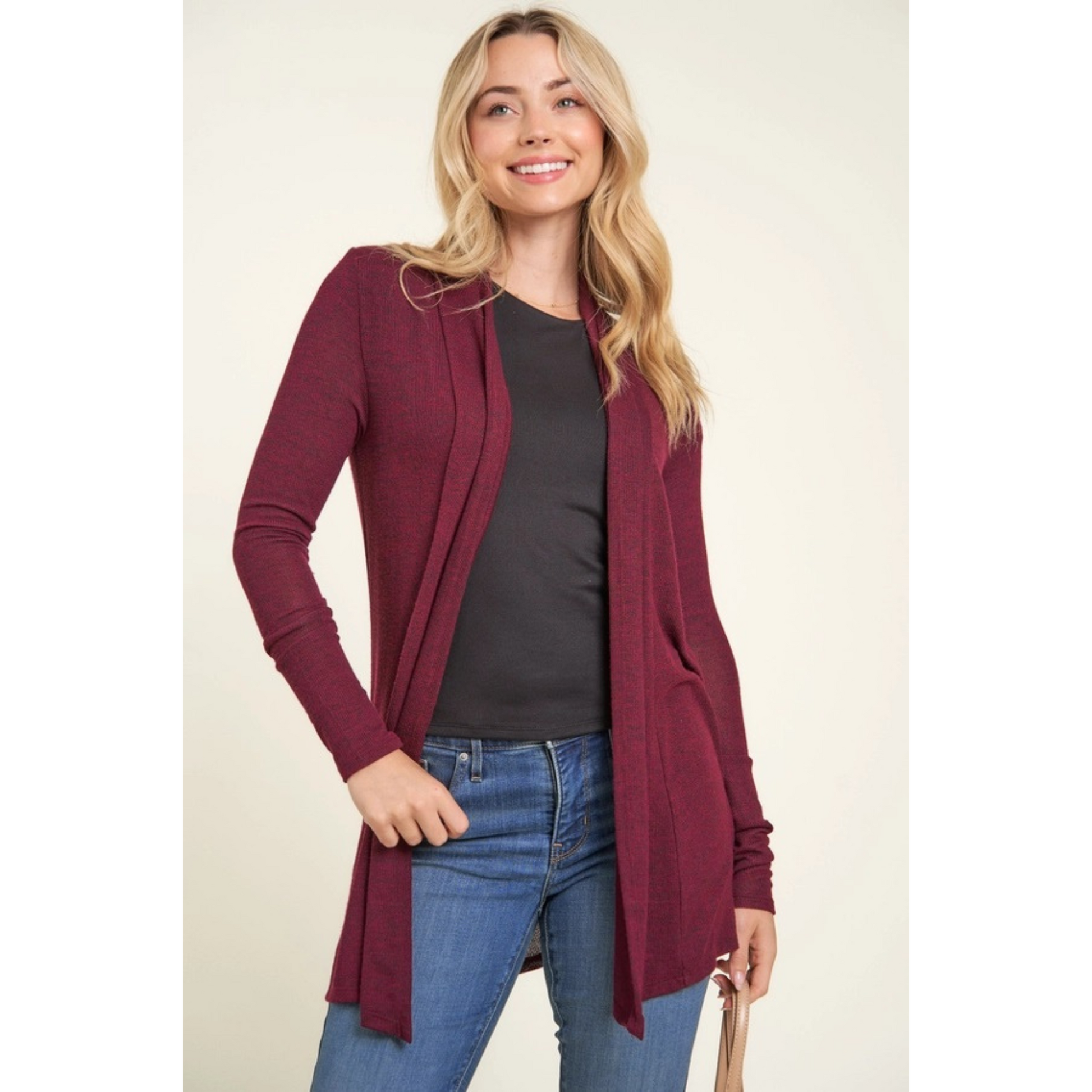 Maroon Long Sleeved Women's Open Cardigan on model.- Little Gift Nook