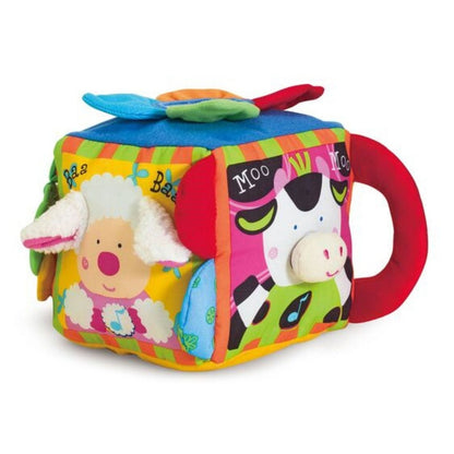 Melissa & Doug soft Musical Farm Cube baby toy on side with lamb cow sitting on white background.