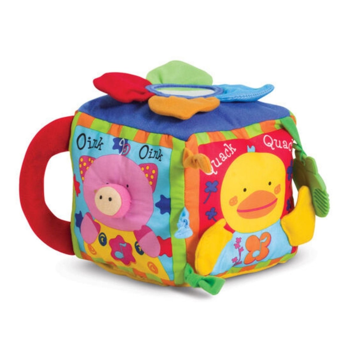 Melissa & Doug Musical Farm Cube soft baby toy with handle sitting on side with pig and duck on white background. 