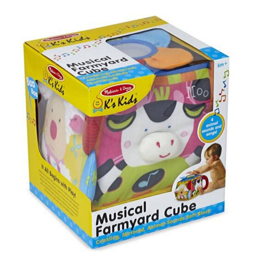 Melissa & Doug Musical Farm Cube Baby Toy in package on a white background. Little Gift Nook