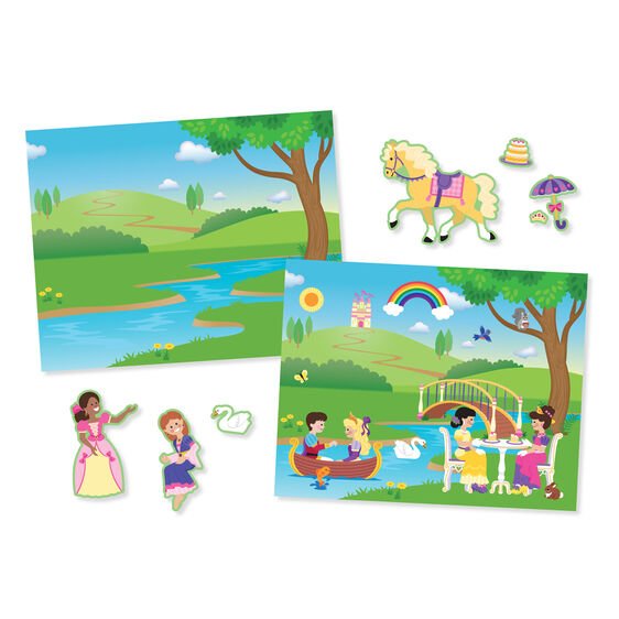 Melissa & Doug reusable Princess Castle garden scene and stickers pad on white background.