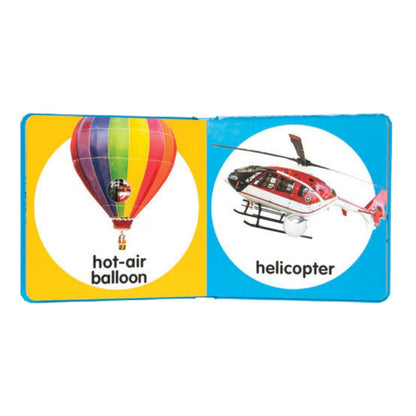 Poke a dot Things that Go board book inside book pages with hot air balloon and helicopter and plastic bubbles to pop open on a white background.