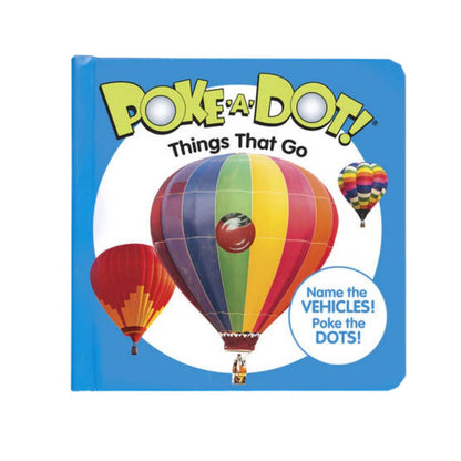 Poke-A-Dot Things that Go Board book cover with hot air balloons and plastic bubble to pop on a white background.