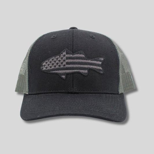 USA Flag Fish Patch Mens Hat. Black gray baseball hat with mesh sides. Embroidered USA Flag fish on front - Little Gift Nook
