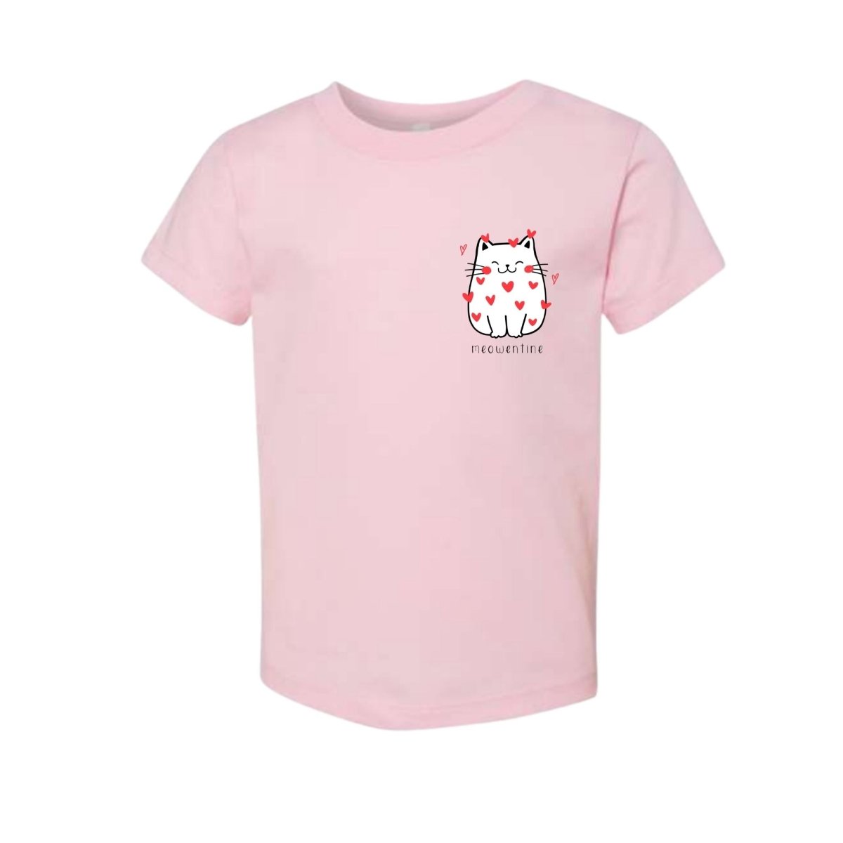 Pink tshirt with white kitten and red hearts in top chest and Meowentine on front sitting on white background.