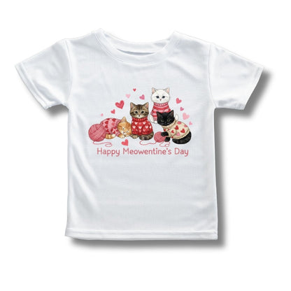white t-shirt with kittens in valentines heart sweaters playing with yarn. Says Happy Meowentine's Day on front sitting on white background. Little Gift Nook