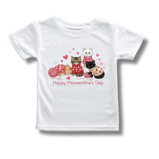 white t-shirt with kittens in valentines heart sweaters playing with yarn. Says Happy Meowentine's Day on front sitting on white background. Little Gift Nook