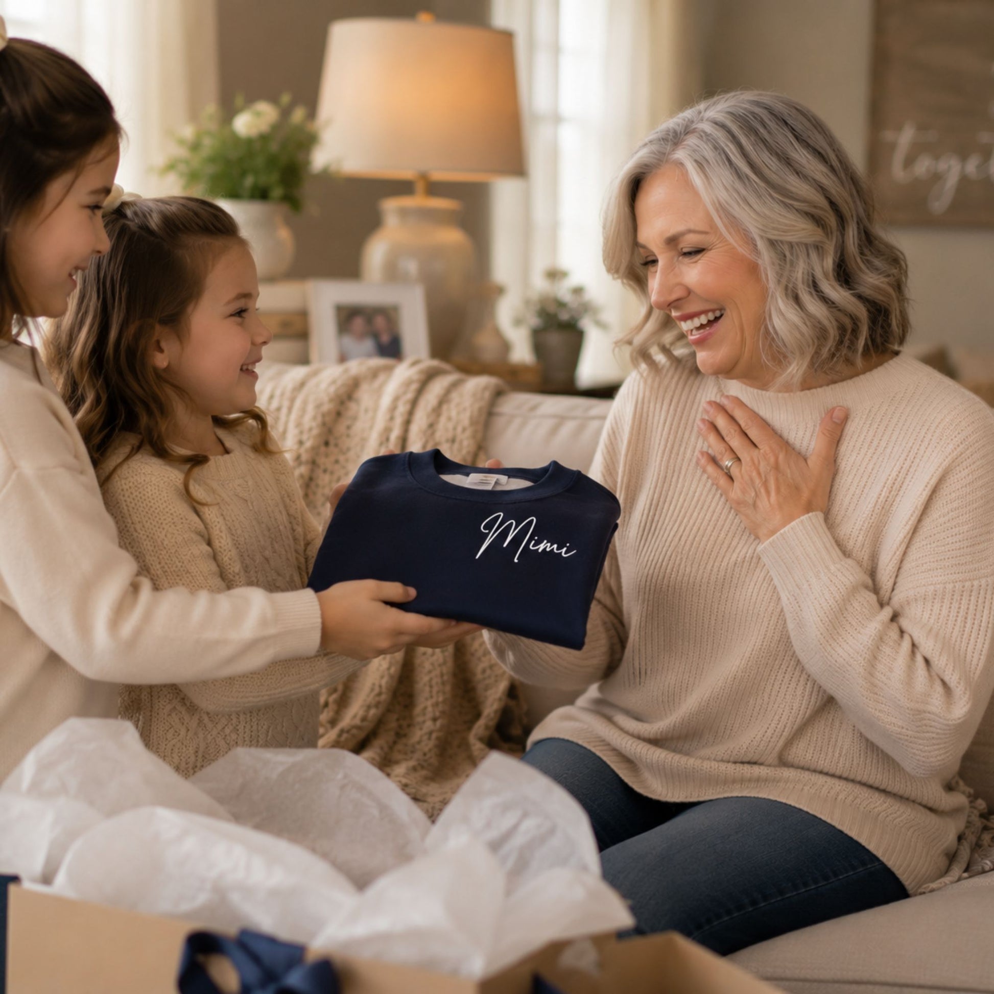 A navy blue crewneck sweatshirt with 'Mimi' written in white script is held up in a cozy living room setting. A young girl in a cream sweater holds the sweatshirt while a smiling woman with gray hair sits on a couch in the background.