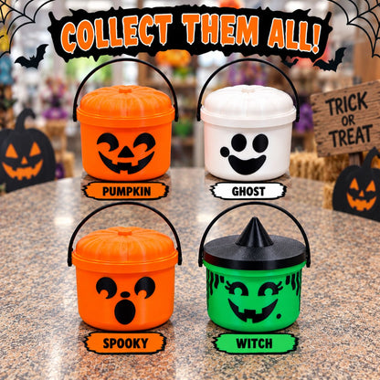 Four mini Halloween buckets arranged on a countertop: orange pumpkin, white ghost, orange spooky, and green witch, with a large 'COLLECT THEM ALL!' banner above and decorative Halloween props around them.